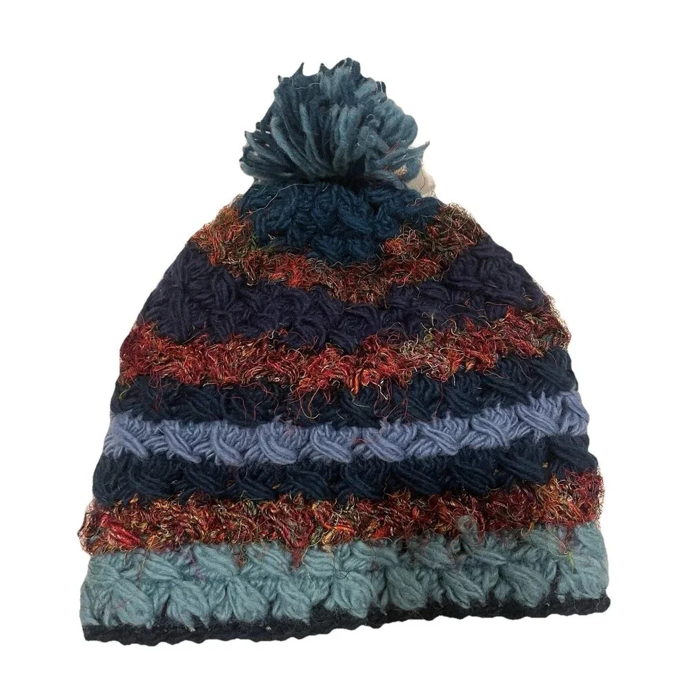 Zig Zag 100% Wool Fleece Lined Winter Ski Hat Pom Pom Made In Nepal